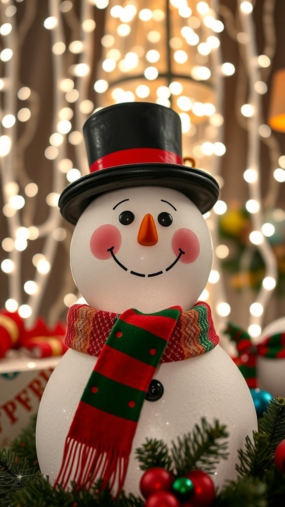 A festive snowman decoration with a scarf and hat, surrounded by Christmas lights.